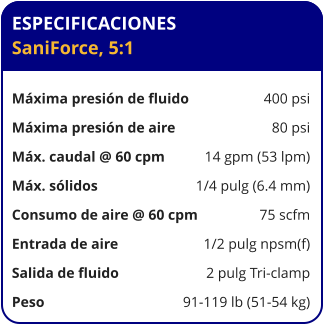 ESPECIFICACIONES SaniForce, 5:1  Máxima presión de fluido	400 psi Máxima presión de aire	80 psi Máx. caudal @ 60 cpm	14 gpm (53 lpm) Máx. sólidos	1/4 pulg (6.4 mm) Consumo de aire @ 60 cpm	75 scfm Entrada de aire	1/2 pulg npsm(f) Salida de fluido	2 pulg Tri-clamp Peso 	91-119 lb (51-54 kg)