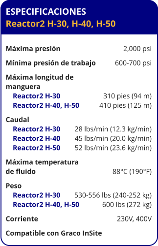 ESPECIFICACIONES Reactor2 H-30, H-40, H-50	  Máxima presión	2,000 psi Mínima presión de trabajo	600-700 psi Máxima longitud de  manguera     Reactor2 H-30	310 pies (94 m)     Reactor2 H-40, H-50	410 pies (125 m) Caudal     Reactor2 H-30	28 lbs/min (12.3 kg/min)     Reactor2 H-40	45 lbs/min (20.0 kg/min)     Reactor2 H-50	52 lbs/min (23.6 kg/min) Máxima temperatura  de fluido	88°C (190°F) Peso	     Reactor2 H-30	530-556 lbs (240-252 kg)     Reactor2 H-40, H-50	600 lbs (272 kg) Corriente	230V, 400V Compatible con Graco InSite