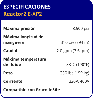 ESPECIFICACIONES Reactor2 E-XP2	  Máxima presión	3,500 psi Máxima longitud de  manguera	310 pies (94 m) Caudal	2.0 gpm (7.6 lpm) Máxima temperatura  de fluido	88°C (190°F) Peso	350 lbs (159 kg) Corriente	230V, 400V Compatible con Graco InSite