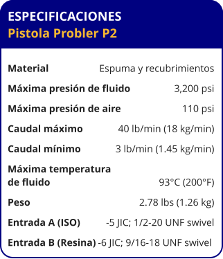 ESPECIFICACIONES Pistola Probler P2	  Material	Espuma y recubrimientos Máxima presión de fluido	3,200 psi Máxima presión de aire	110 psi Caudal máximo	40 lb/min (18 kg/min) Caudal mínimo	3 lb/min (1.45 kg/min) Máxima temperatura  de fluido	93°C (200°F) Peso	2.78 lbs (1.26 kg) Entrada A (ISO)	-5 JIC; 1/2-20 UNF swivel Entrada B (Resina)	-6 JIC; 9/16-18 UNF swivel