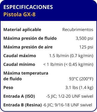 ESPECIFICACIONES Pistola GX-8	  Material aplicable	Recubrimientos Máxima presión de fluido	3,500 psi Máxima presión de aire	125 psi Caudal máximo	1.5 lb/min (0.7 kg/min) Caudal mínimo	< 1 lb/min (< 0.45 kg/min) Máxima temperatura  de fluido	93°C (200°F) Peso	3.1 lbs (1.4 kg) Entrada A (ISO)	-5 JIC; 1/2-20 UNF swivel Entrada B (Resina)	-6 JIC; 9/16-18 UNF swivel