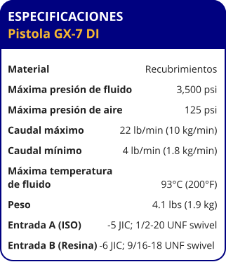 ESPECIFICACIONES Pistola GX-7 DI	  Material	Recubrimientos Máxima presión de fluido	3,500 psi Máxima presión de aire	125 psi Caudal máximo	22 lb/min (10 kg/min) Caudal mínimo	4 lb/min (1.8 kg/min) Máxima temperatura  de fluido	93°C (200°F) Peso	4.1 lbs (1.9 kg) Entrada A (ISO)	-5 JIC; 1/2-20 UNF swivel Entrada B (Resina)	-6 JIC; 9/16-18 UNF swivel