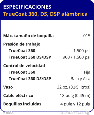 ESPECIFICACIONES TrueCoat 360, DS, DSP alámbrica	  Máx. tamaño de boquilla	.015 Presión de trabajo TrueCoat 360	1,500 psi TrueCoat 360 DS/DSP	900 / 1,500 psi Control de velocidad TrueCoat 360	Fija TrueCoat 360 DS/DSP	Baja y Alta Vaso	32 oz. (0.95 litros) Cable eléctrico	18 pulg (0.45 m) Boquillas incluidas	4 pulg y 12 pulg Peso	3.5 lbs (1.58 kg)