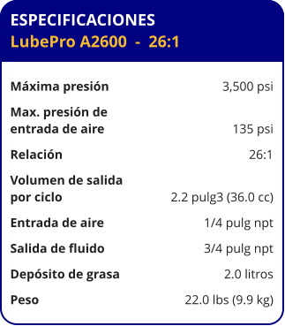 ESPECIFICACIONES LubePro A2600  -  26:1  Máxima presión	3,500 psi Max. presión de  entrada de aire	135 psi Relación	26:1 Volumen de salida por ciclo	2.2 pulg3 (36.0 cc) Entrada de aire	1/4 pulg npt Salida de fluido	3/4 pulg npt Depósito de grasa	2.0 litros Peso	22.0 lbs (9.9 kg)