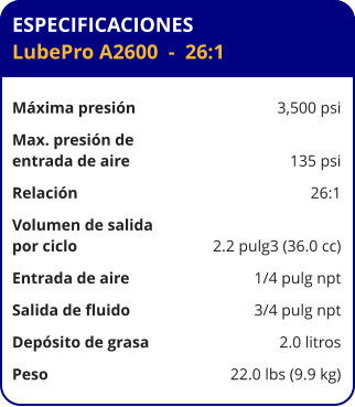 ESPECIFICACIONES LubePro A2600  -  26:1  Máxima presión	3,500 psi Max. presión de  entrada de aire	135 psi Relación	26:1 Volumen de salida por ciclo	2.2 pulg3 (36.0 cc) Entrada de aire	1/4 pulg npt Salida de fluido	3/4 pulg npt Depósito de grasa	2.0 litros Peso	22.0 lbs (9.9 kg)