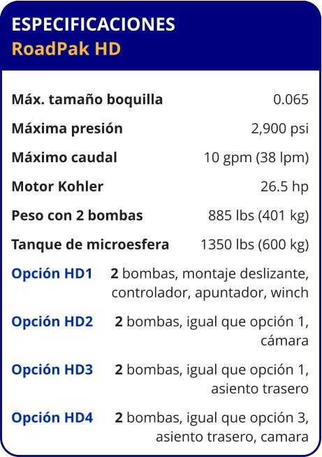 ESPECIFICACIONES RoadPak HD	  Máx. tamaño boquilla	0.065 Máxima presión	2,900 psi Máximo caudal	10 gpm (38 lpm) Motor Kohler	26.5 hp Peso con 2 bombas	885 lbs (401 kg) Tanque de microesfera	1350 lbs (600 kg) Opción HD1	2 bombas, montaje deslizante,  	controlador, apuntador, winch Opción HD2	2 bombas, igual que opción 1, 	cámara Opción HD3	2 bombas, igual que opción 1, 	asiento trasero Opción HD4	2 bombas, igual que opción 3, 	asiento trasero, camara
