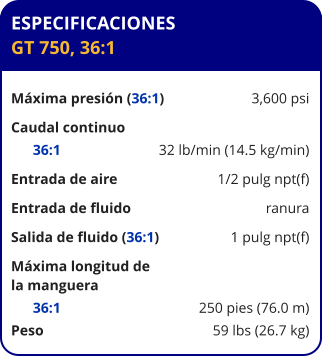 ESPECIFICACIONES GT 750, 36:1  Máxima presión (36:1)	3,600 psi Caudal continuo       36:1	32 lb/min (14.5 kg/min) Entrada de aire	1/2 pulg npt(f) Entrada de fluido	ranura Salida de fluido (36:1)	1 pulg npt(f) Máxima longitud de la manguera	       36:1	250 pies (76.0 m) Peso	59 lbs (26.7 kg)
