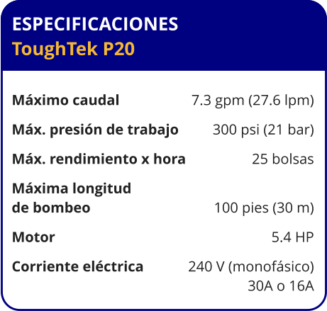 ESPECIFICACIONES ToughTek P20	  Máximo caudal	7.3 gpm (27.6 lpm) Máx. presión de trabajo	300 psi (21 bar) Máx. rendimiento x hora	25 bolsas Máxima longitud  de bombeo	100 pies (30 m) Motor	5.4 HP Corriente eléctrica	240 V (monofásico) 	30A o 16A