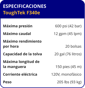 ESPECIFICACIONES ToughTek F340e	  Máxima presión	600 psi (42 bar) Máximo caudal	12 gpm (45 lpm) Máximo rendimiento por hora	20 bolsas Capacidad de la tolva	20 gal (76 litros) Máxima longitud de la manguera	150 pies (45 m) Corriente eléctrica	120V, monofásico Peso	205 lbs (93 kg)