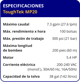 ESPECIFICACIONES ToughTek MP20	  Máximo caudal	7.3 gpm (27.6 lpm) Máx. rendimiento x hora	100 bolsas Máx. presión de trabajo	300 psi (21 bar) Máxima longitud  de bombeo	200 pies (60 m) Motor	5.4 HP Corriente eléctrica	200-240 VAC 	 (monof.), 30A/60 Hz, 16A/50Hz Capacidad de la tolva	38 gal (142 litros)