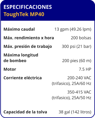 ESPECIFICACIONES ToughTek MP40	  Máximo caudal	13 gpm (49.26 lpm) Máx. rendimiento x hora	200 bolsas Máx. presión de trabajo	300 psi (21 bar) Máxima longitud  de bombeo	200 pies (60 m) Motor	7.5 HP Corriente eléctrica	200-240 VAC 	 (trifasico), 25A/60 Hz 	350-415 VAC 	 (trifasico), 25A/50 Hz  Capacidad de la tolva	38 gal (142 litros)