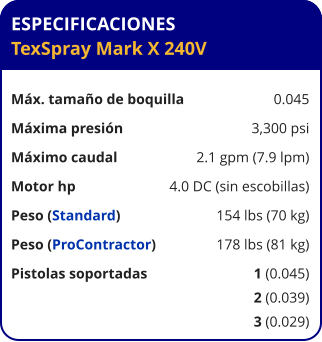 ESPECIFICACIONES TexSpray Mark X 240V  Máx. tamaño de boquilla	0.045 Máxima presión	3,300 psi Máximo caudal	2.1 gpm (7.9 lpm) Motor hp	4.0 DC (sin escobillas) Peso (Standard)	154 lbs (70 kg) Peso (ProContractor)	178 lbs (81 kg) Pistolas soportadas	1 (0.045) 	2 (0.039) 	3 (0.029)