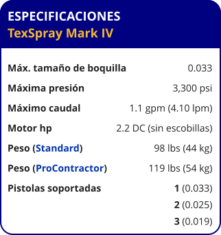 ESPECIFICACIONES TexSpray Mark IV  Máx. tamaño de boquilla	0.033 Máxima presión	3,300 psi Máximo caudal	1.1 gpm (4.10 lpm) Motor hp	2.2 DC (sin escobillas) Peso (Standard)	98 lbs (44 kg) Peso (ProContractor)	119 lbs (54 kg) Pistolas soportadas	1 (0.033) 	2 (0.025) 	3 (0.019)