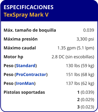 ESPECIFICACIONES TexSpray Mark V  Máx. tamaño de boquilla	0.039 Máxima presión	3,300 psi Máximo caudal	1.35 gpm (5.1 lpm) Motor hp	2.8 DC (sin escobillas) Peso (Standard)	130 lbs (59 kg) Peso (ProContractor)	151 lbs (68 kg) Peso (IronMan)	137 lbs (62 kg) Pistolas soportadas	1 (0.039) 	2 (0.029) 	3 (0.023)