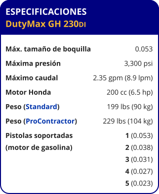 ESPECIFICACIONES DutyMax GH 230DI	  Máx. tamaño de boquilla	0.053 Máxima presión	3,300 psi Máximo caudal	2.35 gpm (8.9 lpm) Motor Honda	200 cc (6.5 hp) Peso (Standard)	199 lbs (90 kg) Peso (ProContractor)	229 lbs (104 kg) Pistolas soportadas	1 (0.053) (motor de gasolina)	2 (0.038) 	3 (0.031) 	4 (0.027) 	5 (0.023)