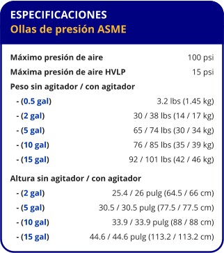 ESPECIFICACIONES Ollas de presión ASME  Máximo presión de aire	100 psi Máxima presión de aire HVLP	15 psi Peso sin agitador / con agitador    - (0.5 gal) 	3.2 lbs (1.45 kg)    - (2 gal) 	30 / 38 lbs (14 / 17 kg)    - (5 gal) 	65 / 74 lbs (30 / 34 kg)    - (10 gal) 	76 / 85 lbs (35 / 39 kg)    - (15 gal) 	92 / 101 lbs (42 / 46 kg) Altura sin agitador / con agitador    - (2 gal) 	25.4 / 26 pulg (64.5 / 66 cm)    - (5 gal) 	30.5 / 30.5 pulg (77.5 / 77.5 cm)    - (10 gal) 	33.9 / 33.9 pulg (88 / 88 cm)    - (15 gal) 	44.6 / 44.6 pulg (113.2 / 113.2 cm)