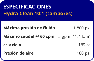 ESPECIFICACIONES Hydra-Clean 10:1 (tambores)  Máxima presión de fluido	1,800 psi Máximo caudal @ 60 cpm	3 gpm (11.4 lpm) cc x ciclo	189 cc Presión de aire	180 psi