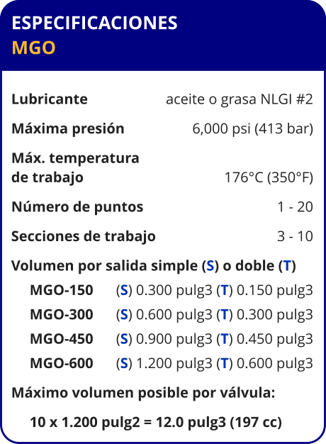 ESPECIFICACIONES MGO  Lubricante	aceite o grasa NLGI #2 Máxima presión	6,000 psi (413 bar) Máx. temperatura de trabajo	176°C (350°F) Número de puntos	1 - 20 Secciones de trabajo	3 - 10 Volumen por salida simple (S) o doble (T)      MGO-150	(S) 0.300 pulg3 (T) 0.150 pulg3      MGO-300	(S) 0.600 pulg3 (T) 0.300 pulg3      MGO-450	(S) 0.900 pulg3 (T) 0.450 pulg3      MGO-600	(S) 1.200 pulg3 (T) 0.600 pulg3 Máximo volumen posible por válvula:      10 x 1.200 pulg2 = 12.0 pulg3 (197 cc)