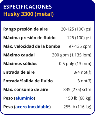 ESPECIFICACIONES Husky 3300 (metal)  Rango presión de aire	20-125 (100) psi Máxima presión de fluido	125 (100) psi Máx. velocidad de la bomba	97-135 cpm Máximo caudal 	300 gpm (1,135 lpm) Máximos sólidos 	0.5 pulg (13 mm) Entrada de aire	3/4 npt(f) Entrada/Salida de fluido	3 npt(f) Máx. consumo de aire 	335 (275) scfm Peso (aluminio) 	150 lb (68 kg) Peso (acero inoxidable) 	255 lb (116 kg)