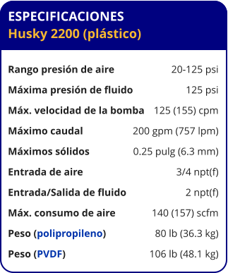 ESPECIFICACIONES Husky 2200 (plástico)  Rango presión de aire	20-125 psi Máxima presión de fluido	125 psi Máx. velocidad de la bomba	125 (155) cpm Máximo caudal 	200 gpm (757 lpm) Máximos sólidos 	0.25 pulg (6.3 mm) Entrada de aire	3/4 npt(f) Entrada/Salida de fluido	2 npt(f) Máx. consumo de aire 	140 (157) scfm Peso (polipropileno) 	80 lb (36.3 kg) Peso (PVDF) 	106 lb (48.1 kg)