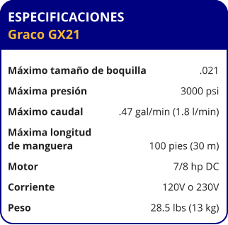 ESPECIFICACIONES Graco GX21  Máximo tamaño de boquilla	.021 Máxima presión	3000 psi Máximo caudal	.47 gal/min (1.8 l/min) Máxima longitud  de manguera	100 pies (30 m) Motor	7/8 hp DC Corriente	120V o 230V Peso	28.5 lbs (13 kg)