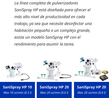 La línea completa de pulverizadores SaniSpray HP está diseñada para ofrecer el más alto nivel de productividad en cada trabajo, ya sea que necesite desinfectar una habitación pequeña o un complejo grande, existe un modelo SaniSpray HP con el rendimiento para asumir la tarea. SaniSpray HP 20 Max 20 oz/min (0.6 l) SaniSpray HP 10 Max 10 oz/min (0.3 l) SaniSpray HP 20 Max 20 oz/min (0.6 l)