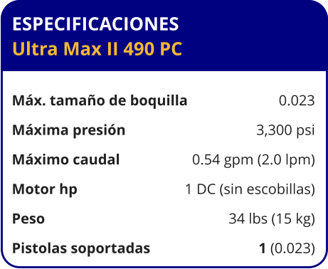 ESPECIFICACIONES Ultra Max II 490 PC	  Máx. tamaño de boquilla	0.023 Máxima presión	3,300 psi Máximo caudal	0.54 gpm (2.0 lpm) Motor hp	1 DC (sin escobillas) Peso	34 lbs (15 kg) Pistolas soportadas	1 (0.023)