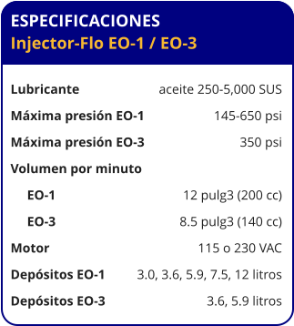 ESPECIFICACIONES Injector-Flo EO-1 / EO-3  Lubricante	aceite 250-5,000 SUS Máxima presión EO-1	145-650 psi Máxima presión EO-3	350 psi Volumen por minuto      EO-1     	12 pulg3 (200 cc)      EO-3     	8.5 pulg3 (140 cc) Motor	115 o 230 VAC Depósitos EO-1	3.0, 3.6, 5.9, 7.5, 12 litros Depósitos EO-3	3.6, 5.9 litros