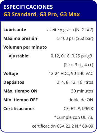 ESPECIFICACIONES G3 Standard, G3 Pro, G3 Max  Lubricante	aceite y grasa (NLGI #2) Máxima presión	5,100 psi (352 bar) Volumen por minuto	      ajustable:	0.12, 0.18, 0.25 pulg3  	(2 cc, 3 cc, 4 cc) Voltaje	12-24 VDC, 90-240 VAC Depósitos	2, 4, 8, 12, 16 litros Máx. tiempo ON	30 minutos Mín. tiempo OFF	doble de ON Certificaciones	CE, ETL*, IP69K 	*Cumple con UL 73, 	certificación CSA 22.2 N.° 68-09
