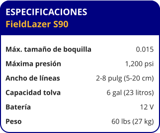 ESPECIFICACIONES FieldLazer S90	  Máx. tamaño de boquilla	0.015 Máxima presión	1,200 psi Ancho de líneas	2-8 pulg (5-20 cm) Capacidad tolva	6 gal (23 litros) Batería	12 V Peso	60 lbs (27 kg)