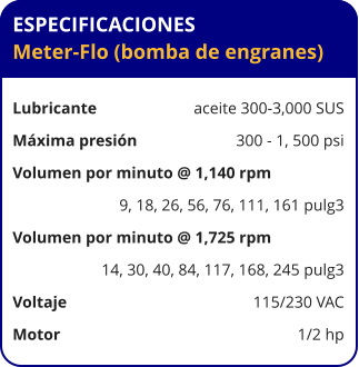 ESPECIFICACIONES Meter-Flo (bomba de engranes)  Lubricante	aceite 300-3,000 SUS Máxima presión	300 - 1, 500 psi Volumen por minuto @ 1,140 rpm      	9, 18, 26, 56, 76, 111, 161 pulg3 Volumen por minuto @ 1,725 rpm      	14, 30, 40, 84, 117, 168, 245 pulg3 Voltaje	115/230 VAC Motor	1/2 hp