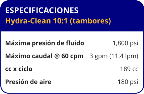 ESPECIFICACIONES Hydra-Clean 10:1 (tambores)  Máxima presión de fluido	1,800 psi Máximo caudal @ 60 cpm	3 gpm (11.4 lpm) cc x ciclo	189 cc Presión de aire	180 psi