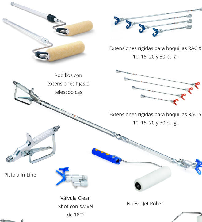 Extensiones rígidas para boquillas RAC X 10, 15, 20 y 30 pulg. Extensiones rígidas para boquillas RAC 5 10, 15, 20 y 30 pulg. Nuevo Jet Roller Pistola In-Line Válvula Clean Shot con swivel de 180° Rodillos con extensiones fijas o telescópicas