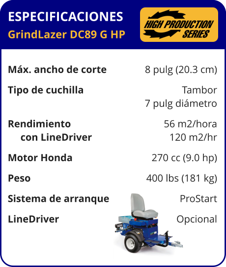 ESPECIFICACIONES GrindLazer DC89 G HP	  Máx. ancho de corte	8 pulg (20.3 cm) Tipo de cuchilla	Tambor 	7 pulg diámetro Rendimiento	56 m2/hora      con LineDriver	120 m2/hr Motor Honda	270 cc (9.0 hp) Peso	400 lbs (181 kg) Sistema de arranque	ProStart LineDriver	Opcional