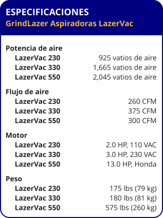 ESPECIFICACIONES GrindLazer Aspiradoras LazerVac  Potencia de aire      LazerVac 230	925 vatios de aire      LazerVac 330	1,665 vatios de aire      LazerVac 550	2,045 vatios de aire Flujo de aire      LazerVac 230	260 CFM      LazerVac 330	375 CFM      LazerVac 550	300 CFM Motor      LazerVac 230	2.0 HP, 110 VAC      LazerVac 330	3.0 HP, 230 VAC      LazerVac 550	13.0 HP, Honda Peso      LazerVac 230	175 lbs (79 kg)      LazerVac 330	180 lbs (81 kg)      LazerVac 550	575 lbs (260 kg)