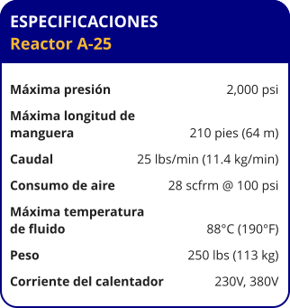 ESPECIFICACIONES Reactor A-25	  Máxima presión	2,000 psi Máxima longitud de  manguera	210 pies (64 m) Caudal	25 lbs/min (11.4 kg/min) Consumo de aire	28 scfrm @ 100 psi Máxima temperatura  de fluido	88°C (190°F) Peso	250 lbs (113 kg) Corriente del calentador	230V, 380V