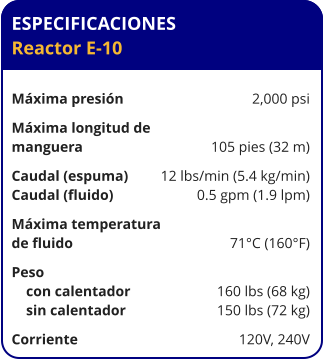 ESPECIFICACIONES Reactor E-10	  Máxima presión	2,000 psi Máxima longitud de  manguera	105 pies (32 m) Caudal (espuma)	12 lbs/min (5.4 kg/min) Caudal (fluido)	0.5 gpm (1.9 lpm) Máxima temperatura  de fluido	71°C (160°F) Peso     con calentador	160 lbs (68 kg)     sin calentador	150 lbs (72 kg) Corriente	120V, 240V