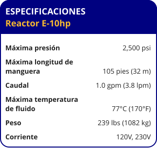 ESPECIFICACIONES Reactor E-10hp	  Máxima presión	2,500 psi Máxima longitud de  manguera	105 pies (32 m) Caudal	1.0 gpm (3.8 lpm) Máxima temperatura  de fluido	77°C (170°F) Peso	239 lbs (1082 kg) Corriente	120V, 230V