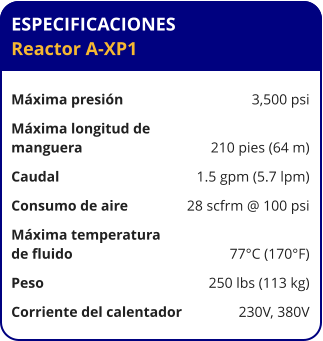 ESPECIFICACIONES Reactor A-XP1	  Máxima presión	3,500 psi Máxima longitud de  manguera	210 pies (64 m) Caudal	1.5 gpm (5.7 lpm) Consumo de aire	28 scfrm @ 100 psi Máxima temperatura  de fluido	77°C (170°F) Peso	250 lbs (113 kg) Corriente del calentador	230V, 380V