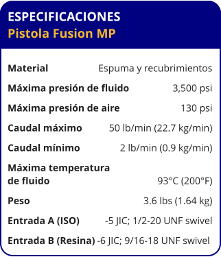ESPECIFICACIONES Pistola Fusion MP	  Material	Espuma y recubrimientos Máxima presión de fluido	3,500 psi Máxima presión de aire	130 psi Caudal máximo	50 lb/min (22.7 kg/min) Caudal mínimo	2 lb/min (0.9 kg/min) Máxima temperatura  de fluido	93°C (200°F) Peso	3.6 lbs (1.64 kg) Entrada A (ISO)	-5 JIC; 1/2-20 UNF swivel Entrada B (Resina)	-6 JIC; 9/16-18 UNF swivel