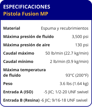 ESPECIFICACIONES Pistola Fusion MP	  Material	Espuma y recubrimientos Máxima presión de fluido	3,500 psi Máxima presión de aire	130 psi Caudal máximo	50 lb/min (22.7 kg/min) Caudal mínimo	2 lb/min (0.9 kg/min) Máxima temperatura  de fluido	93°C (200°F) Peso	3.6 lbs (1.64 kg) Entrada A (ISO)	-5 JIC; 1/2-20 UNF swivel Entrada B (Resina)	-6 JIC; 9/16-18 UNF swivel