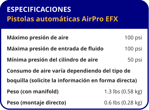 ESPECIFICACIONES Pistolas automáticas AirPro EFX  Máximo presión de aire	100 psi Máxima presión de entrada de fluido	100 psi Mínima presión del cilindro de aire	50 psi Consumo de aire varía dependiendo del tipo de  boquilla (solicite la información en forma directa) Peso (con manifold)	1.3 lbs (0.58 kg) Peso (montaje directo)	0.6 lbs (0.28 kg)