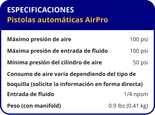 ESPECIFICACIONES Pistolas automáticas AirPro  Máximo presión de aire	100 psi Máxima presión de entrada de fluido	100 psi Mínima presión del cilindro de aire	50 psi Consumo de aire varía dependiendo del tipo de  boquilla (solicite la información en forma directa) Entrada de fluido	1/4 npsm Peso (con manifold)	0.9 lbs (0.41 kg)