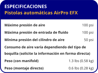 ESPECIFICACIONES Pistolas automáticas AirPro EFX  Máximo presión de aire	100 psi Máxima presión de entrada de fluido	100 psi Mínima presión del cilindro de aire	50 psi Consumo de aire varía dependiendo del tipo de  boquilla (solicite la información en forma directa) Peso (con manifold)	1.3 lbs (0.58 kg) Peso (montaje directo)	0.6 lbs (0.28 kg)