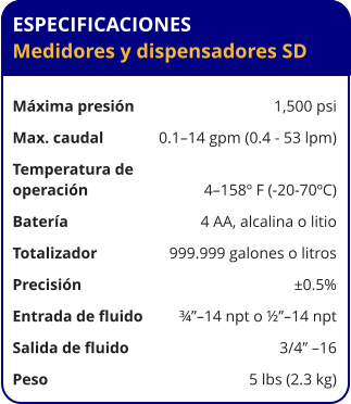 ESPECIFICACIONES Medidores y dispensadores SD  Máxima presión	1,500 psi Max. caudal	0.1–14 gpm (0.4 - 53 lpm) Temperatura de operación	4–158º F (-20-70ºC) Batería	4 AA, alcalina o litio Totalizador	999.999 galones o litros Precisión	±0.5% Entrada de fluido	¾”–14 npt o ½”–14 npt Salida de fluido	3/4” –16 Peso	5 lbs (2.3 kg)
