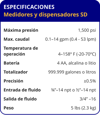 ESPECIFICACIONES Medidores y dispensadores SD  Máxima presión	1,500 psi Max. caudal	0.1–14 gpm (0.4 - 53 lpm) Temperatura de operación	4–158º F (-20-70ºC) Batería	4 AA, alcalina o litio Totalizador	999.999 galones o litros Precisión	±0.5% Entrada de fluido	¾”–14 npt o ½”–14 npt Salida de fluido	3/4” –16 Peso	5 lbs (2.3 kg)