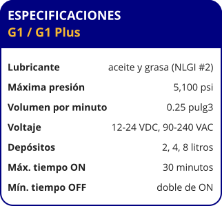 ESPECIFICACIONES G1 / G1 Plus  Lubricante	aceite y grasa (NLGI #2) Máxima presión	5,100 psi Volumen por minuto	0.25 pulg3 Voltaje	12-24 VDC, 90-240 VAC Depósitos	2, 4, 8 litros Máx. tiempo ON	30 minutos Mín. tiempo OFF	doble de ON