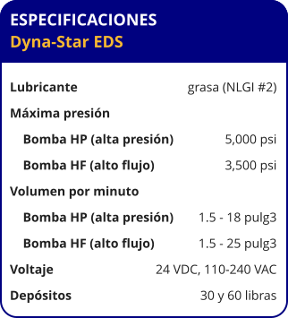 ESPECIFICACIONES Dyna-Star EDS  Lubricante	grasa (NLGI #2) Máxima presión     Bomba HP (alta presión)	5,000 psi     Bomba HF (alto flujo)	3,500 psi Volumen por minuto	     Bomba HP (alta presión)	1.5 - 18 pulg3     Bomba HF (alto flujo)	1.5 - 25 pulg3 Voltaje	24 VDC, 110-240 VAC Depósitos	30 y 60 libras