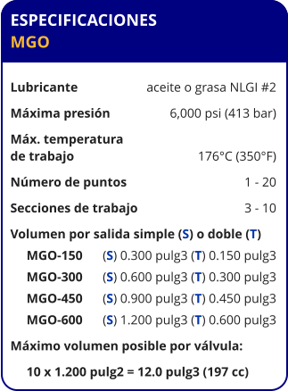 ESPECIFICACIONES MGO  Lubricante	aceite o grasa NLGI #2 Máxima presión	6,000 psi (413 bar) Máx. temperatura de trabajo	176°C (350°F) Número de puntos	1 - 20 Secciones de trabajo	3 - 10 Volumen por salida simple (S) o doble (T)      MGO-150	(S) 0.300 pulg3 (T) 0.150 pulg3      MGO-300	(S) 0.600 pulg3 (T) 0.300 pulg3      MGO-450	(S) 0.900 pulg3 (T) 0.450 pulg3      MGO-600	(S) 1.200 pulg3 (T) 0.600 pulg3 Máximo volumen posible por válvula:      10 x 1.200 pulg2 = 12.0 pulg3 (197 cc)