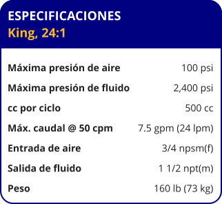 ESPECIFICACIONES King, 24:1  Máxima presión de aire	100 psi Máxima presión de fluido	2,400 psi cc por ciclo	500 cc Máx. caudal @ 50 cpm	7.5 gpm (24 lpm) Entrada de aire	3/4 npsm(f) Salida de fluido	1 1/2 npt(m) Peso	160 lb (73 kg)